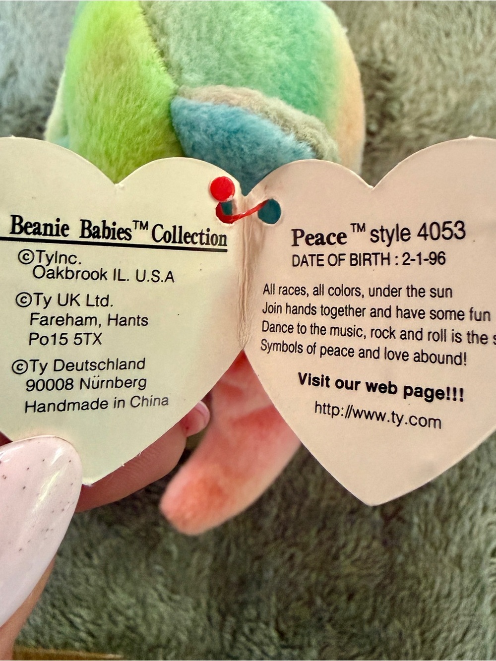 VINTAGE TY BEANIE BABY PEACE BEAR PVC PELLETS PASTEL - Picture 5 of 6